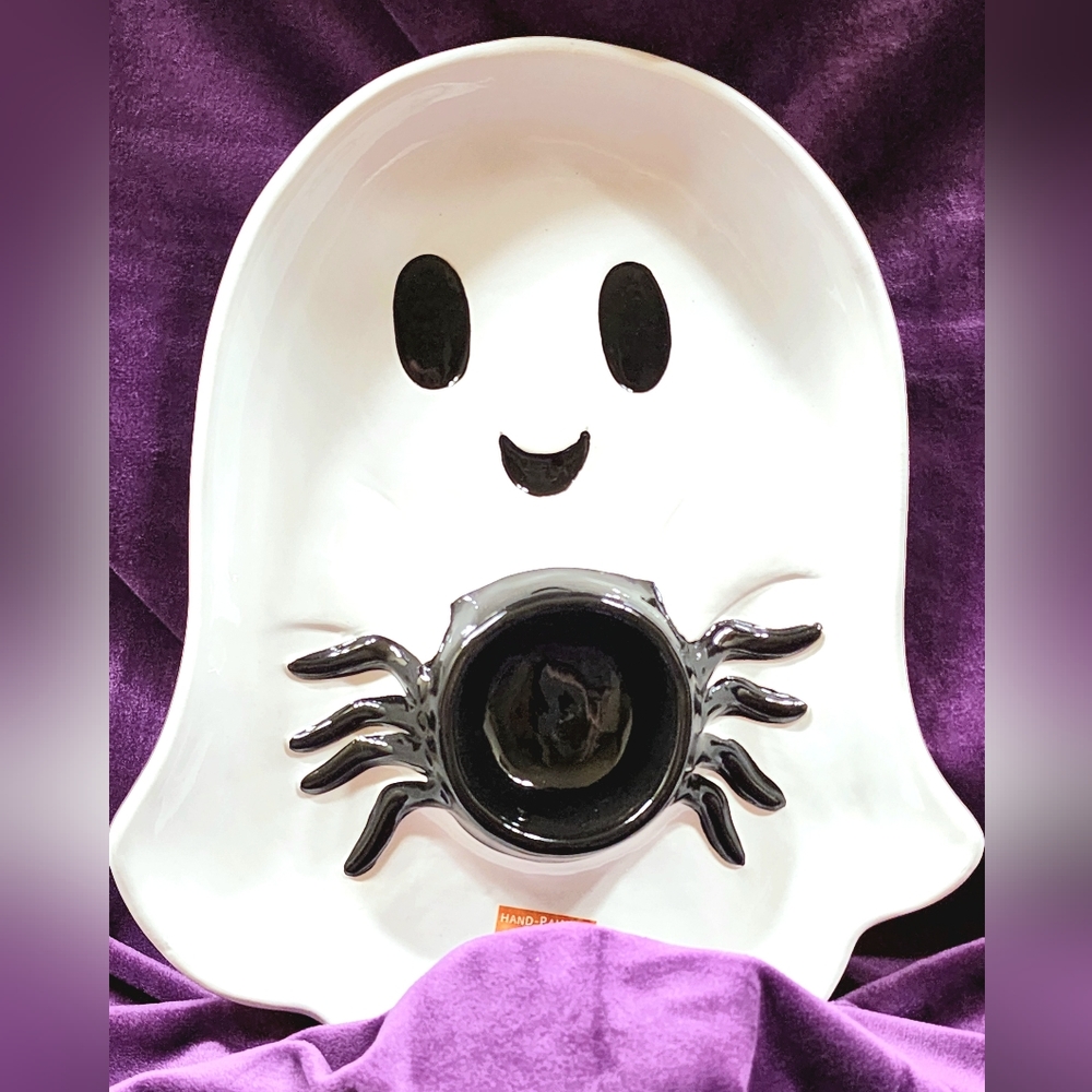 Ghost and Spider Ceramic Party Platter Party Tray with Dip Bowl NWT